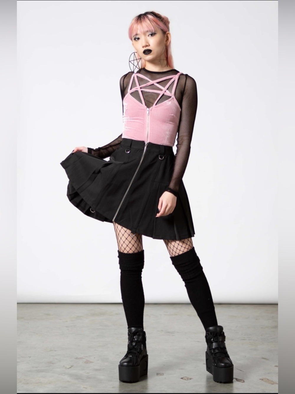 Killstar Pastel Pink Velvet Pentagram Zip Crop Top Goth XS NWT